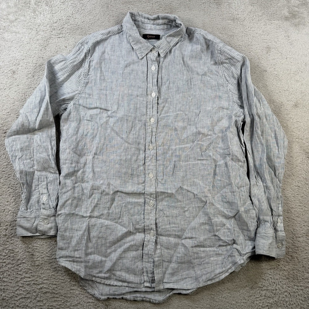 Quince Shirt Womens Medium Blue Pinstripe 100% European Linen Long Sleeve Button